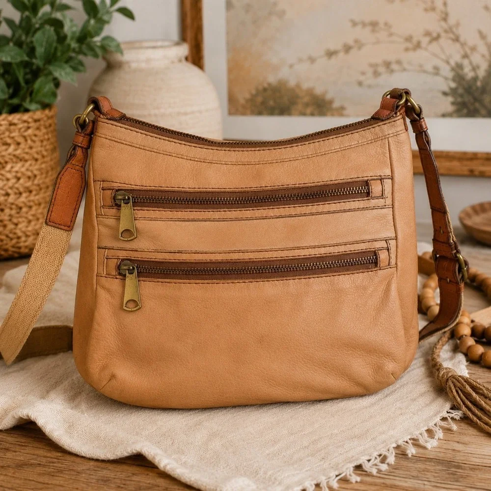 Fossil Tan Leather Crossbody Shoulder Bag Canvas Strap Key Charm Mul
